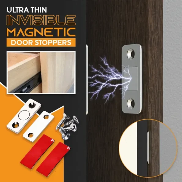 Sleek stainless steel ultra thin magnetic door closer hidden catch mounted inside a cabinet frame