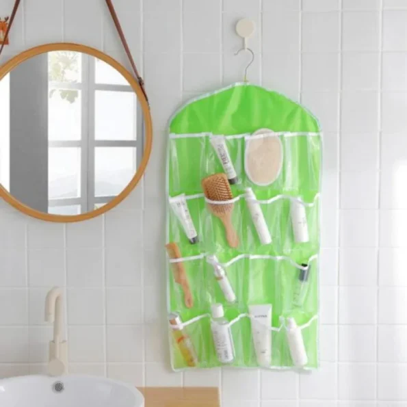 Heavy duty 16 pocket organizer hanging in a closet storing accessories cleanly