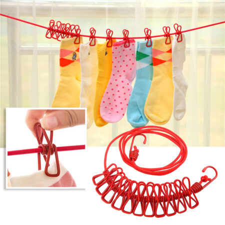 Stretchable Clothes line with 12 Clips Drying Clothesline Hanger Steel Rope