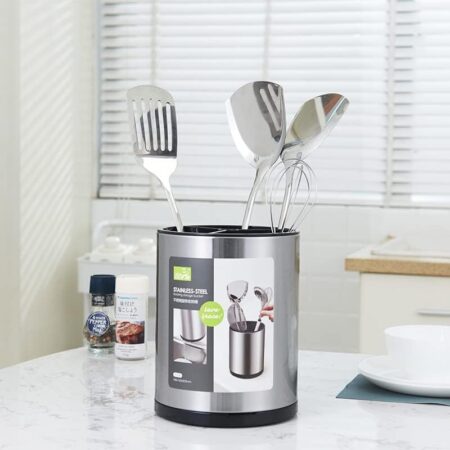 Stainless Steel Cooking Utensil Holder, 360? Rotating Kitchen Utensil Holder, Utensil Caddy Storage Organizer for Countertop