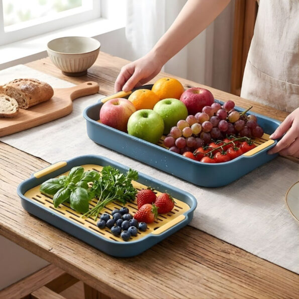 Double layer multi purpose plastic dish drain tray holding drying cups and fruits