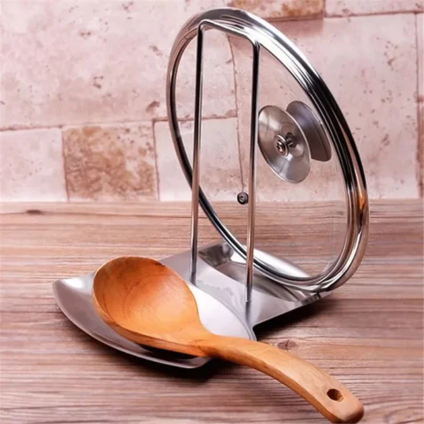 Lid and Spoon Stand Holder Stainless Steel holding a metal pot cover and a soup ladle