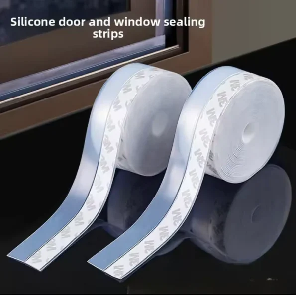 White self adhesive door and window sealing strip excluder being applied to a frame gap