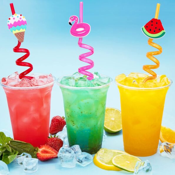 4 Pcs Reusable Silicone Straws with Fruit Toppers and Cleaning Brush