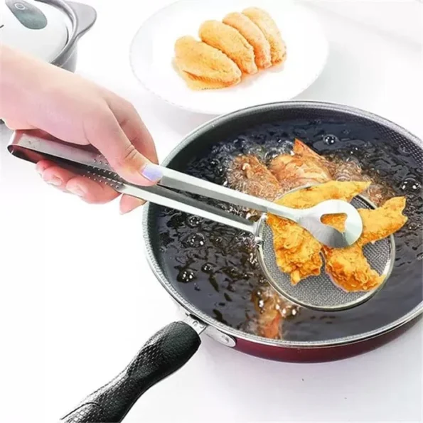 2 in 1 stainless steel frying tongs with mesh strainer filter for draining oil