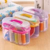 Open Mini Travel Sewing Kit Box showing colorful thread spools and small scissors arranged inside