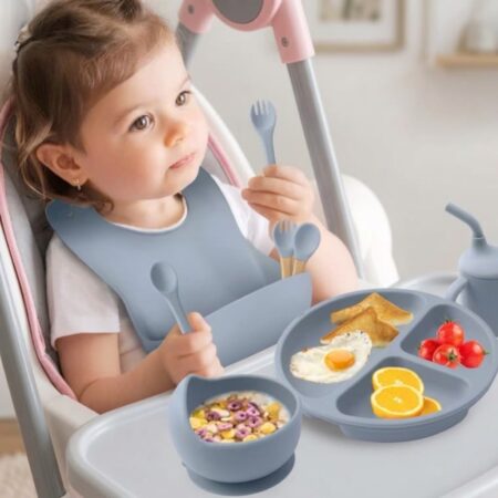 6pcs First Stage Silicone Baby Feeding Set (BPA-Free Waterproof Bib, Bowl, Cup & Utensils)