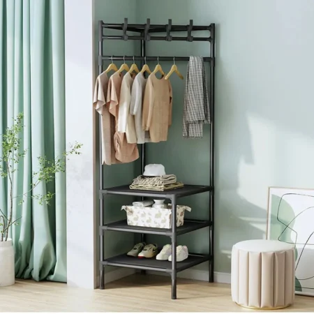 Attachable corner pole rack with adjustable tension shelves