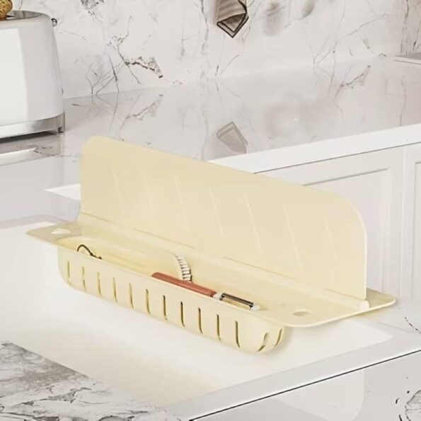 2-in-1 kitchen sink splash guard and sponge holder organizer on kitchen countertop