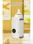 Portable rechargeable baby milk warmer bag in use with a baby bottle, showing the smart digital temperature display screen.