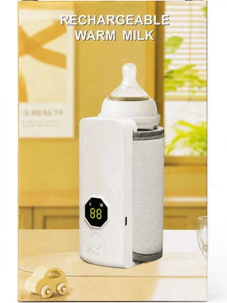Portable rechargeable baby milk warmer bag in use with a baby bottle, showing the smart digital temperature display screen.
