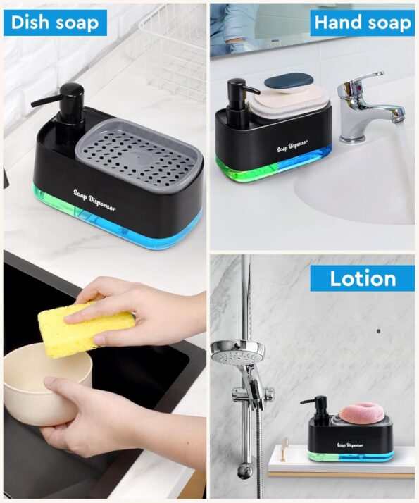 Soap dispenser with sponge holder - black 2-in-1 kitchen sink organizer with yellow sponge"