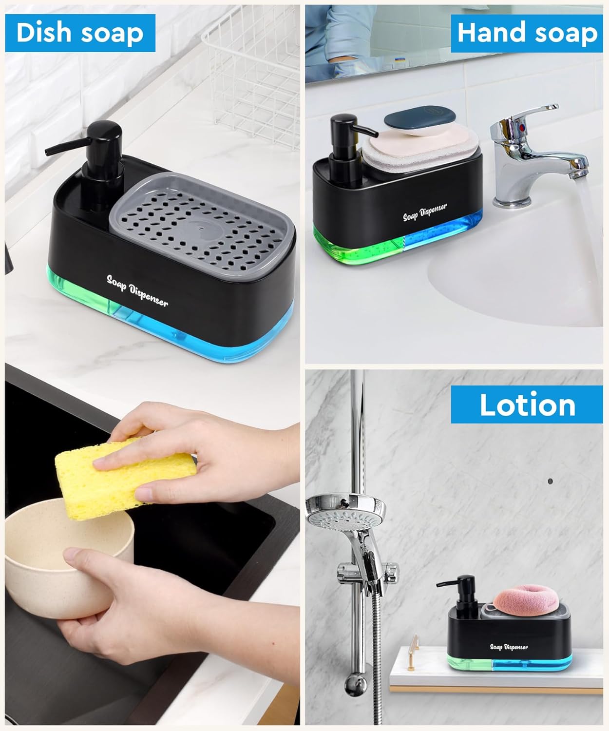soap-dispenser-with-sponge-holder-kitchen-sink.jpg Soap dispenser with sponge holder - black 2-in-1 kitchen sink organizer with yellow sponge"