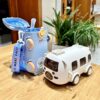 Bus shaped kids water bottle 500ml with strap and sipper - pink and blue cartoon design