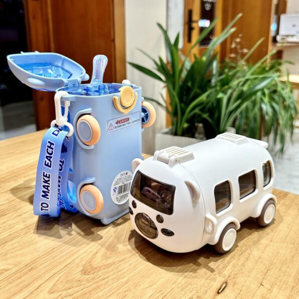 Bus shaped kids water bottle 500ml with strap and sipper - pink and blue cartoon design