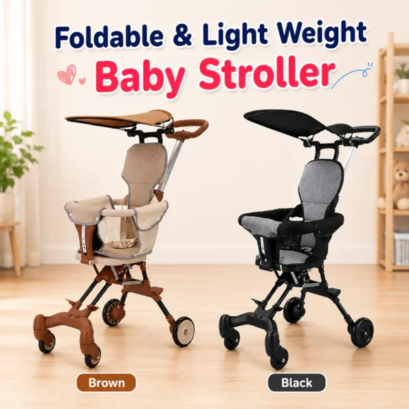A sleek, modern foldable lightweight baby stroller standing fully expanded on a clean floor, ready for travel.
