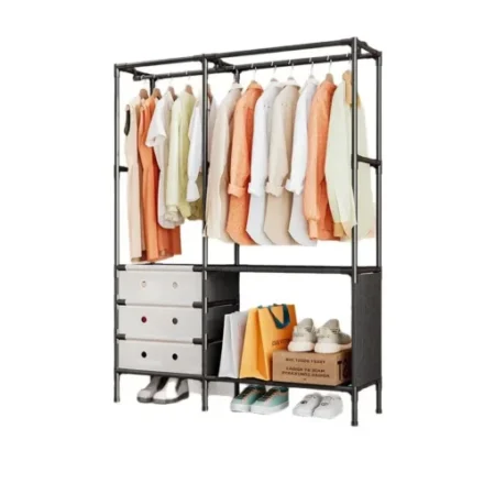 Multifunctional freestanding coat rack with fabric cover and shoe organizer rails