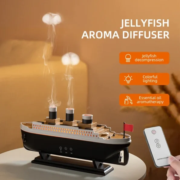 Ultrasonic Jellyfish Aroma Diffuser and Cool Mist Humidifier with realistic flame ambient LED light effects on a desktop