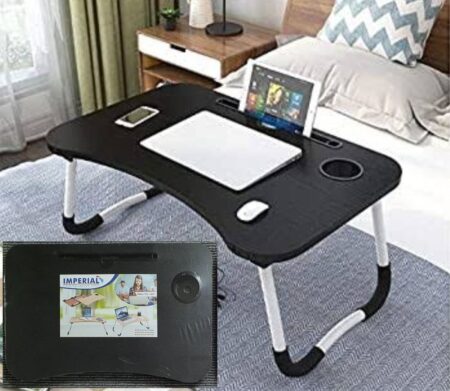 Foldable Wooden Laptop Desk with Cup and Tablet Holder for Bed and Sofa