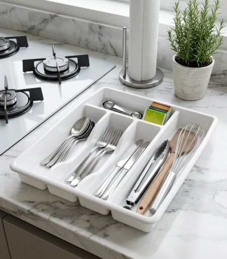 Multi Compartment Cutlery Tray for Kitchen Drawer Organization with spoons and forks
