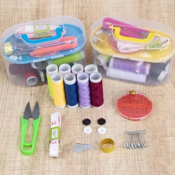 Portable Mini Sewing Kit with Clear Storage Box containing colorful threads, needles, and tools