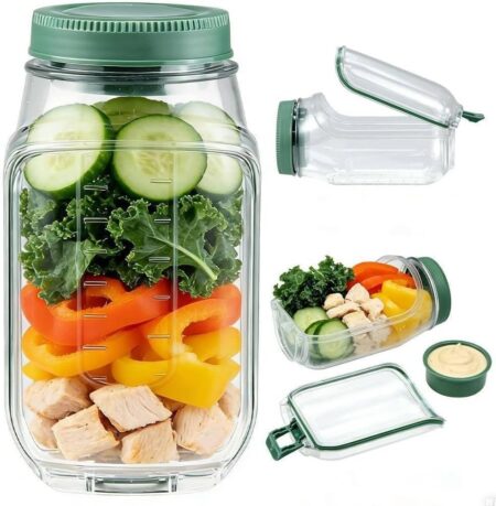 Leakproof fresh salad jar meal prep container with built-in dressing cup and reusable fork