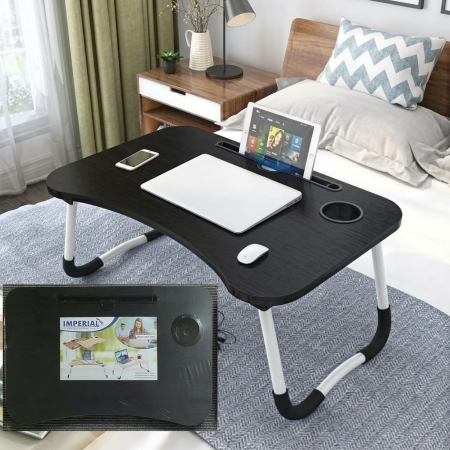 Foldable Wooden Laptop Desk with Cup & Tablet Holder