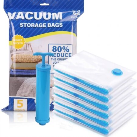 5 Pcs Vacuum Storage Bags with Hand Pump – Reusable Space Saver Bags