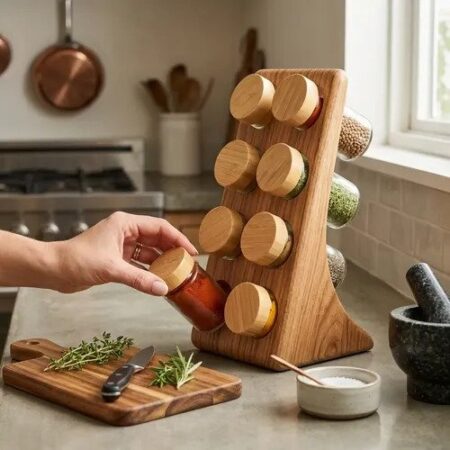 Multi Tier Wooden Spice Rack Stand Organizer with Glass Jars
