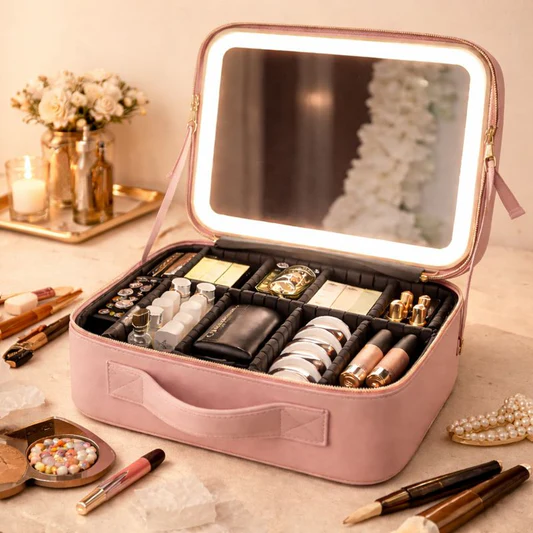 Smart LED Cosmetic Makeup Organizer with Lighted Mirror Lid