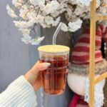 400ml Glass Tumbler with Wooden Lid & Straw – Reusable Iced Coffee Glass