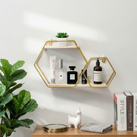 Golden Hexagon Floating Wall Shelves – Decorative Metal & Wood Wall Organizer