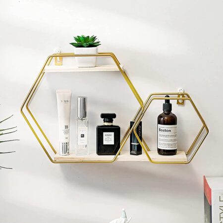 Golden Hexagon Floating Wall Shelves Decorative Metal Rack