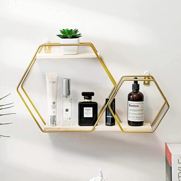 Golden Hexagon Floating Wall Shelves Decorative Metal Rack